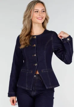 Donkerblauwe Denim Peplum Blazer met Goudkleurige Knopen