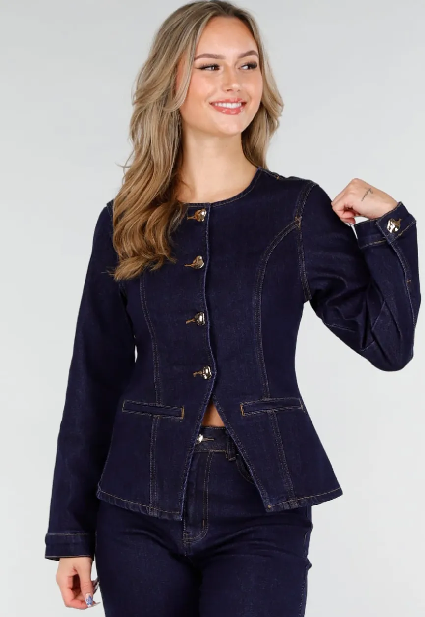 Donkerblauwe Denim Peplum Blazer met Goudkleurige Knopen