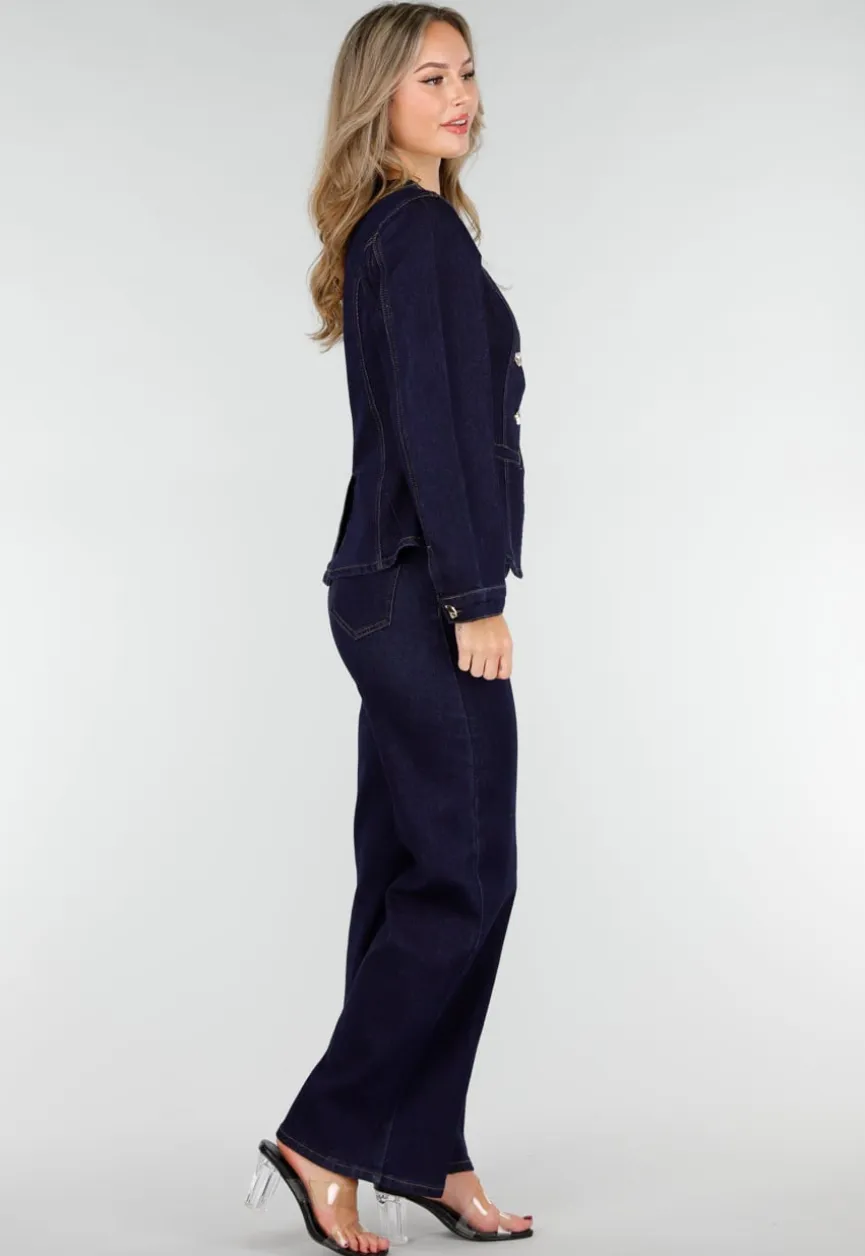 Donkerblauwe Denim Peplum Blazer met Goudkleurige Knopen