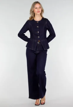 Donkerblauwe Denim Peplum Blazer met Goudkleurige Knopen