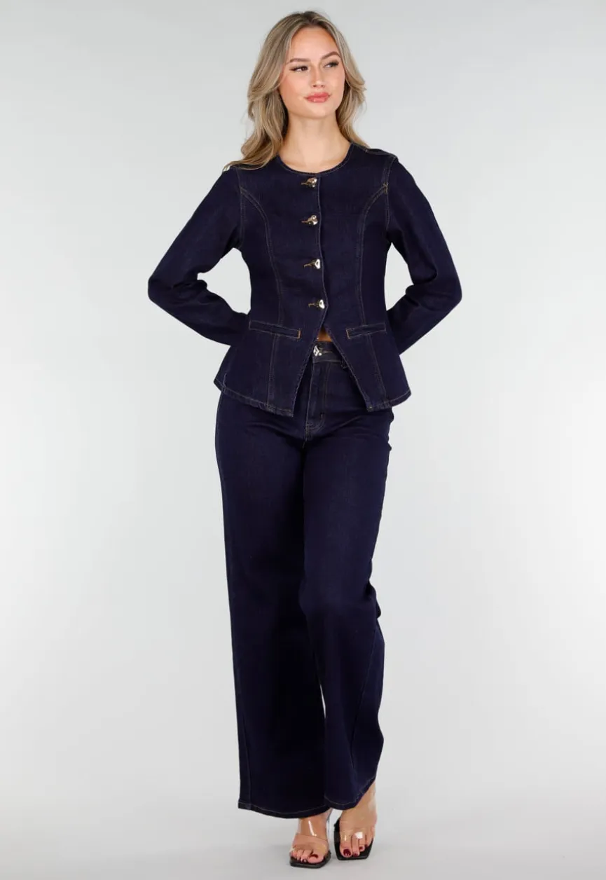 Donkerblauwe Denim Peplum Blazer met Goudkleurige Knopen