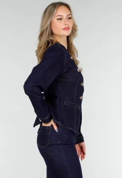 Donkerblauwe Denim Peplum Blazer met Goudkleurige Knopen