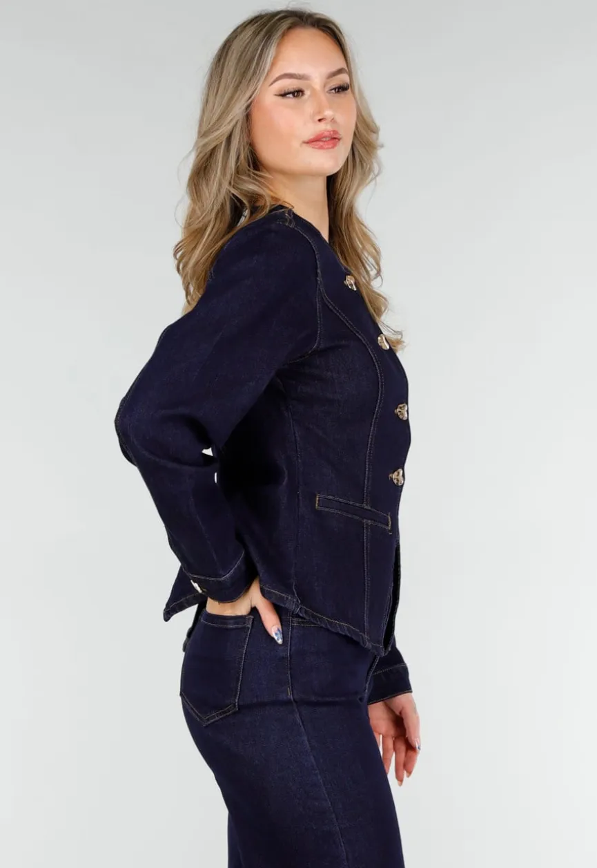 Donkerblauwe Denim Peplum Blazer met Goudkleurige Knopen