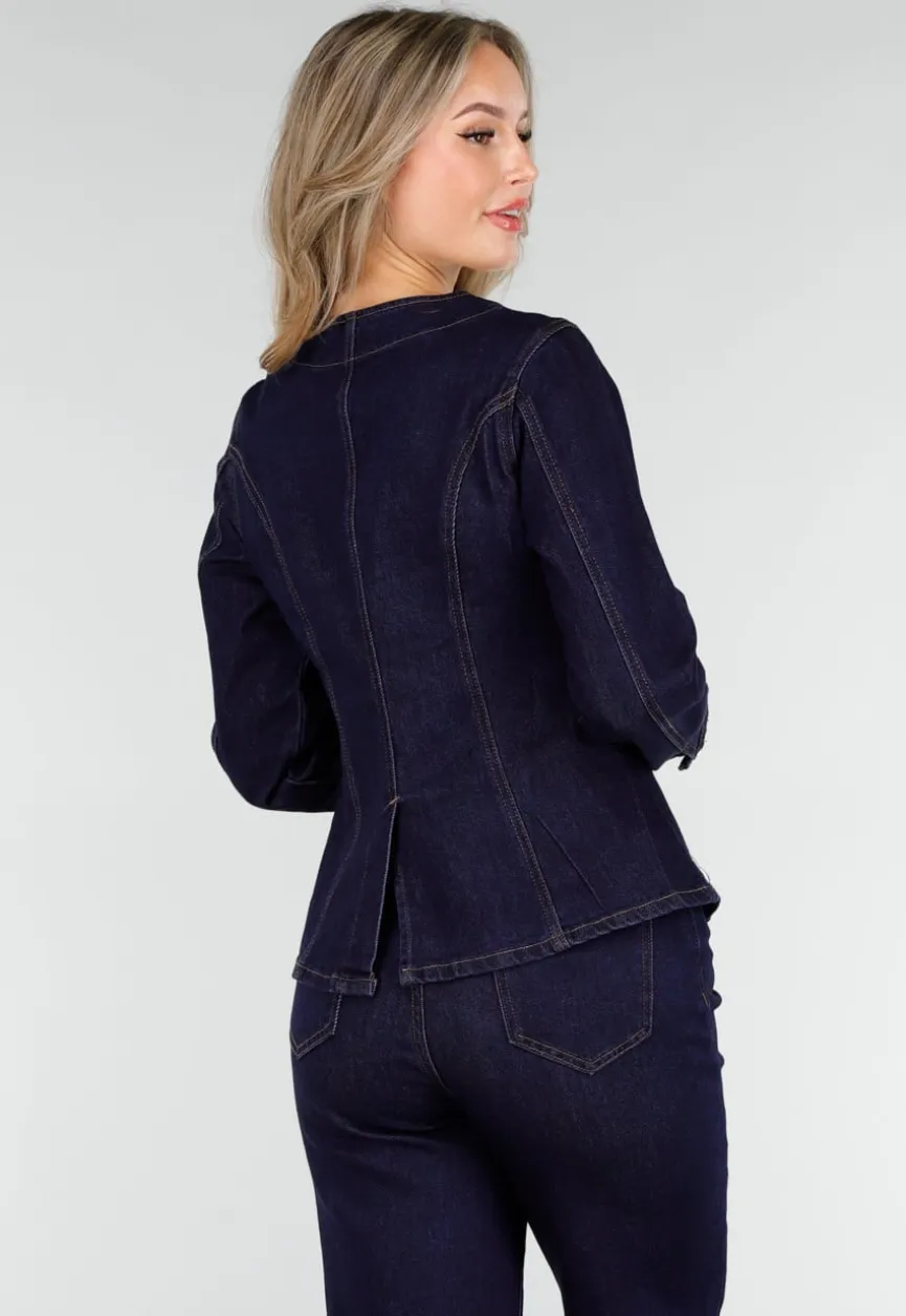 Donkerblauwe Denim Peplum Blazer met Goudkleurige Knopen
