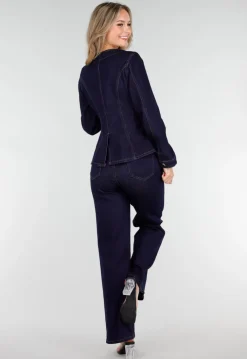 Donkerblauwe Denim Peplum Blazer met Goudkleurige Knopen