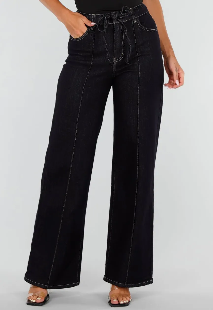 Donkerblauwe Denim Stretch Jeans met Straight Leg en Taillekoord