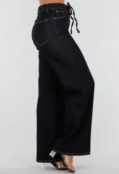 Donkerblauwe Denim Stretch Jeans met Straight Leg en Taillekoord