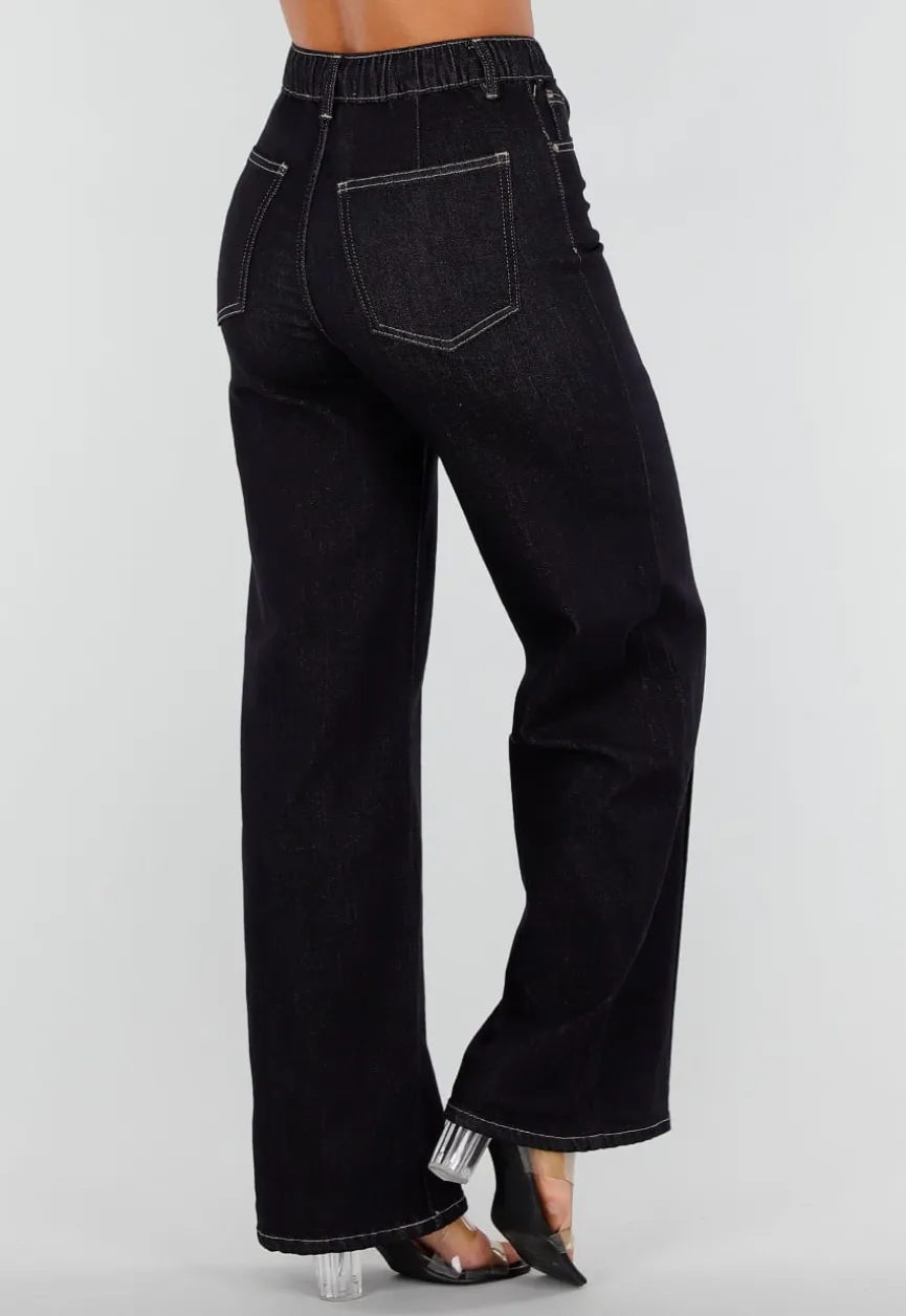 Donkerblauwe Denim Stretch Jeans met Straight Leg en Taillekoord