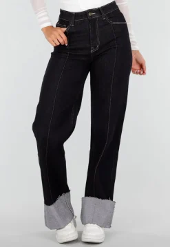 Donkerblauwe Denim Stretch Jeans met Straight Leg en Brede Omslag