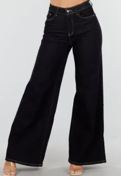 Donkerblauwe Flared Jeans met High Waist en Contrasterende Stiksels