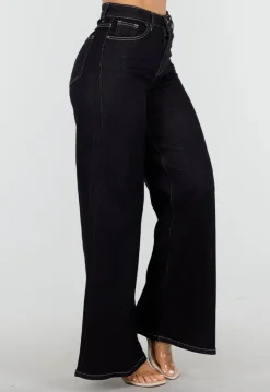 Donkerblauwe Flared Jeans met High Waist en Contrasterende Stiksels