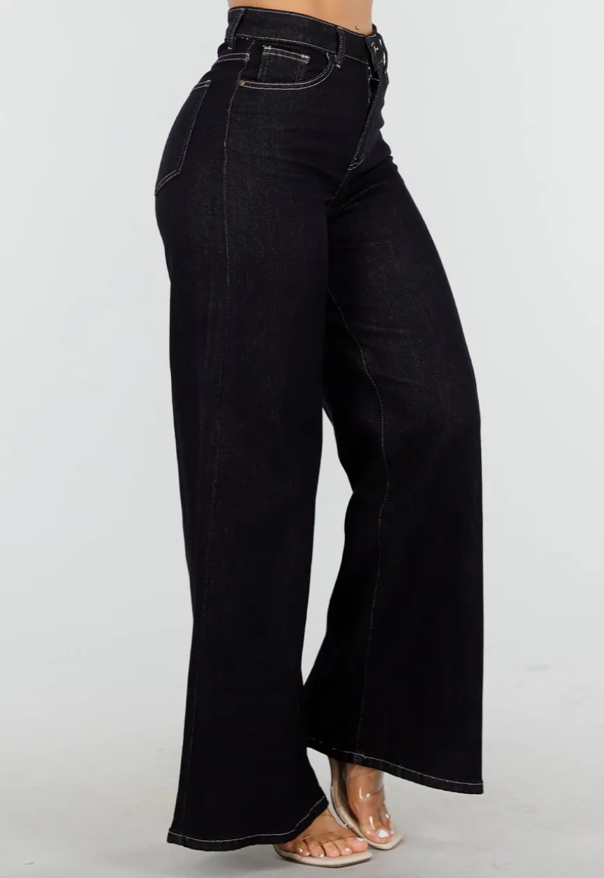 Donkerblauwe Flared Jeans met High Waist en Contrasterende Stiksels