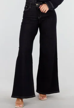 Donkerblauwe Flared Jeans met High Waist en Contrasterende Stiksels