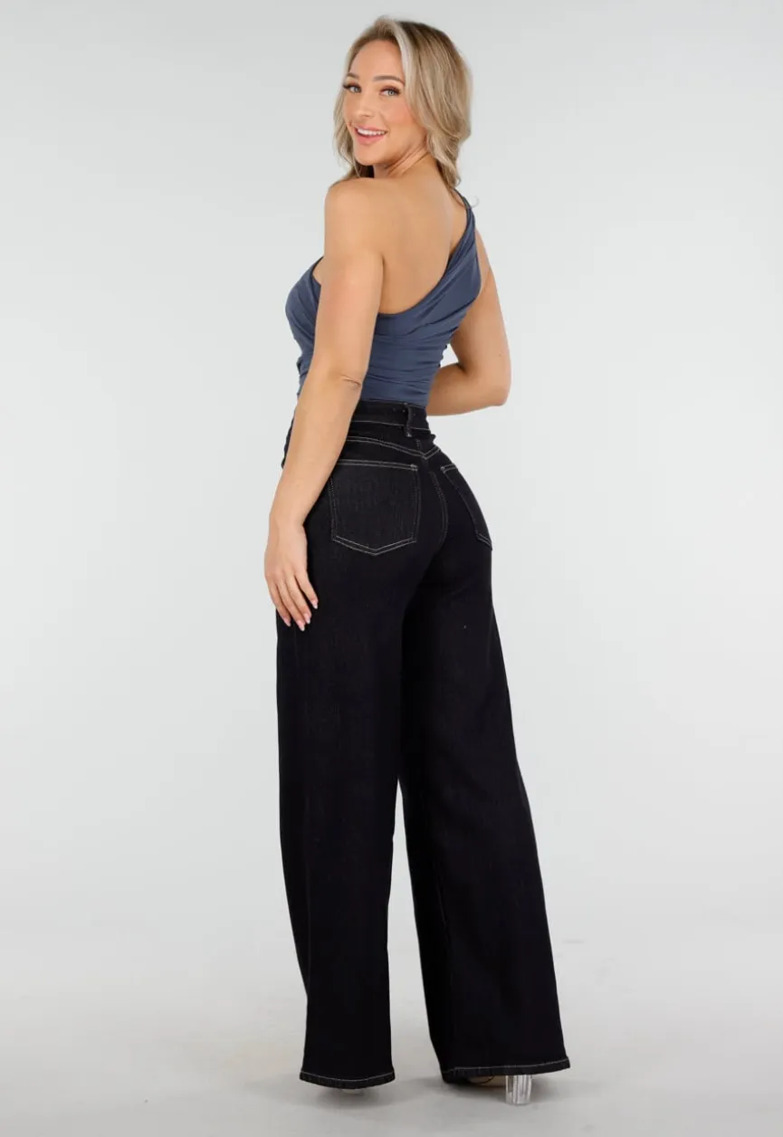 Donkerblauwe Flared Jeans met High Waist en Contrasterende Stiksels