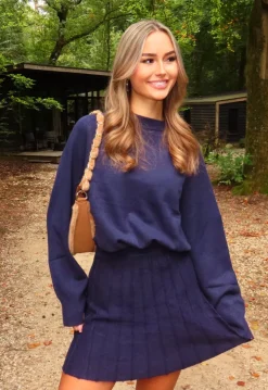 Donkerblauwe Gebreide 2-Piece Set met Trui en Rok