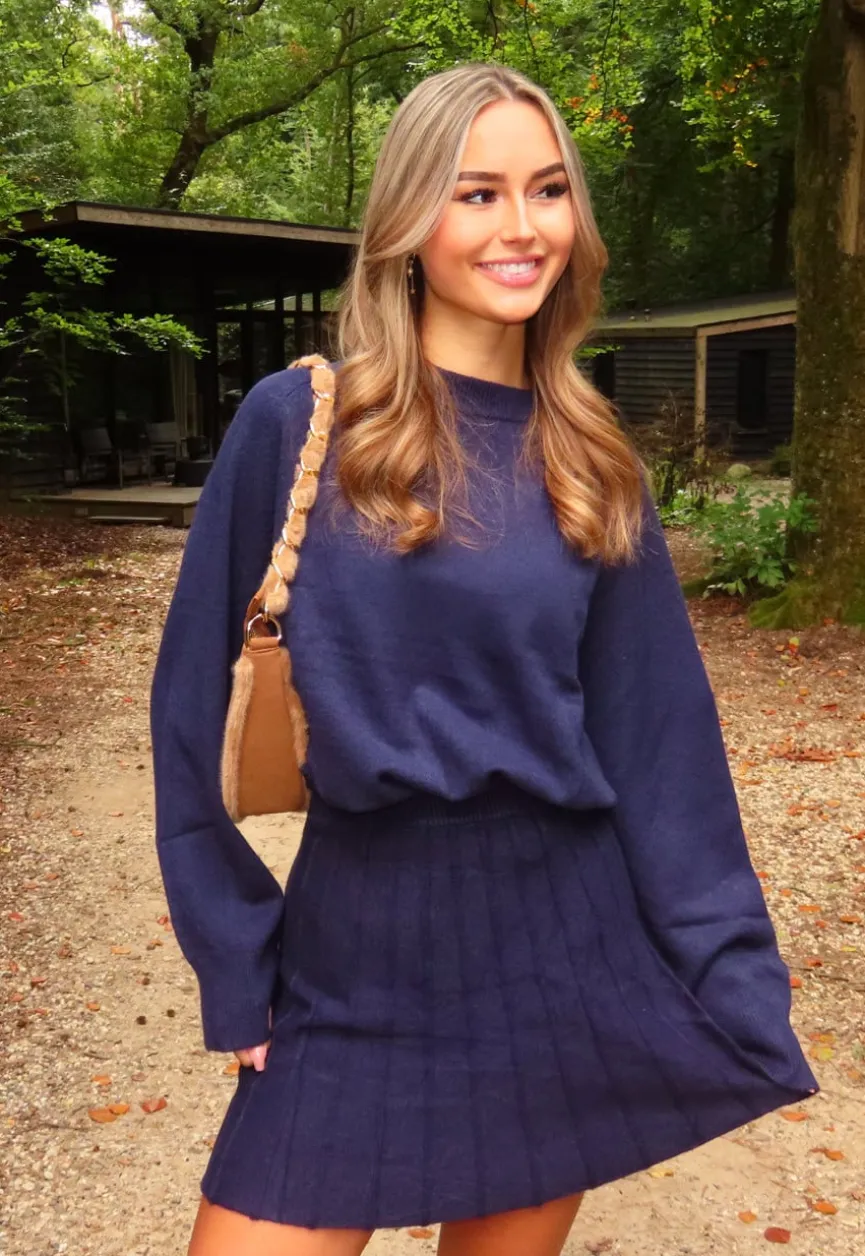 Donkerblauwe Gebreide 2-Piece Set met Trui en Rok