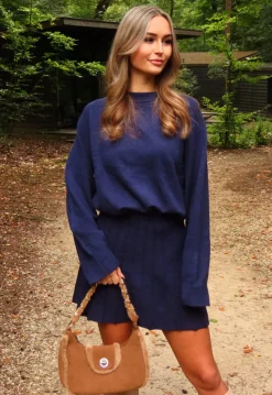 Donkerblauwe Gebreide 2-Piece Set met Trui en Rok