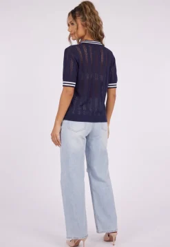 Donkerblauwe Gebreide Polo Top met Korte Mouwen en Opengewerkte Details