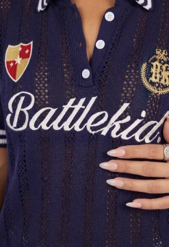 Donkerblauwe Gebreide Polo Top met Korte Mouwen en Opengewerkte Details