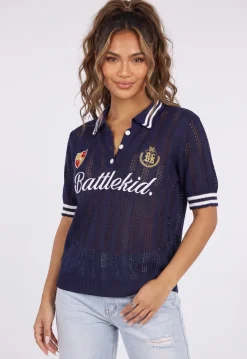 Donkerblauwe Gebreide Polo Top met Korte Mouwen en Opengewerkte Details
