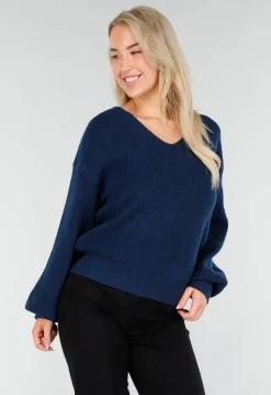 Donkerblauwe Gebreide Trui met Open Rug en Satijnen Strikdetail