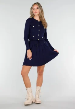 Donkerblauwe Geribde Stretch Two Piece met Goudkleurige Knopen en Plooirok