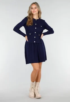 Donkerblauwe Geribde Stretch Two Piece met Goudkleurige Knopen en Plooirok