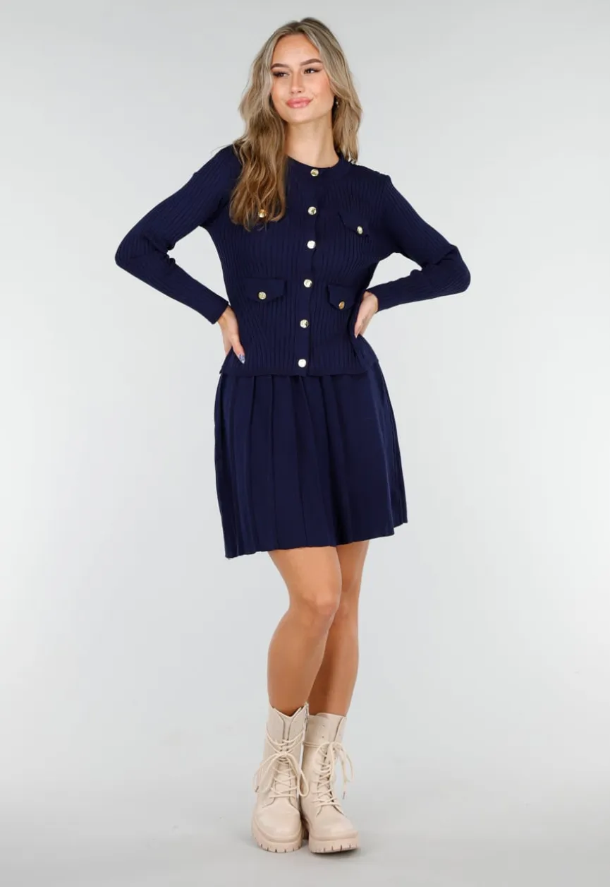 Donkerblauwe Geribde Stretch Two Piece met Goudkleurige Knopen en Plooirok