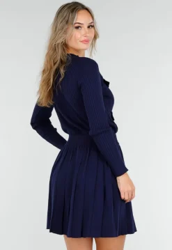 Donkerblauwe Geribde Stretch Two Piece met Goudkleurige Knopen en Plooirok