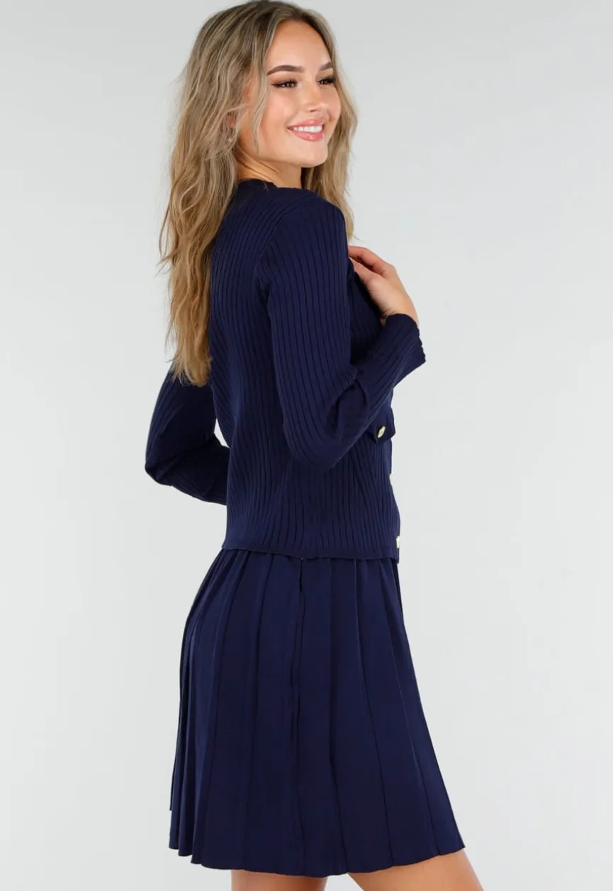 Donkerblauwe Geribde Stretch Two Piece met Goudkleurige Knopen en Plooirok