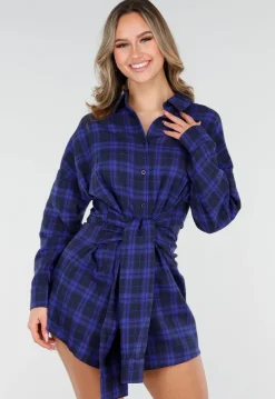 Donkerblauwe Geruite Blouse Jurk met Strikmouwen
