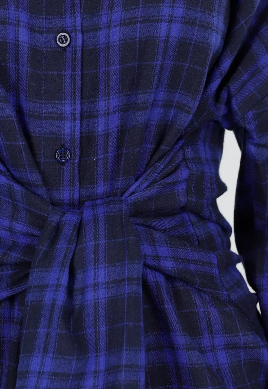 Donkerblauwe Geruite Blouse Jurk met Strikmouwen