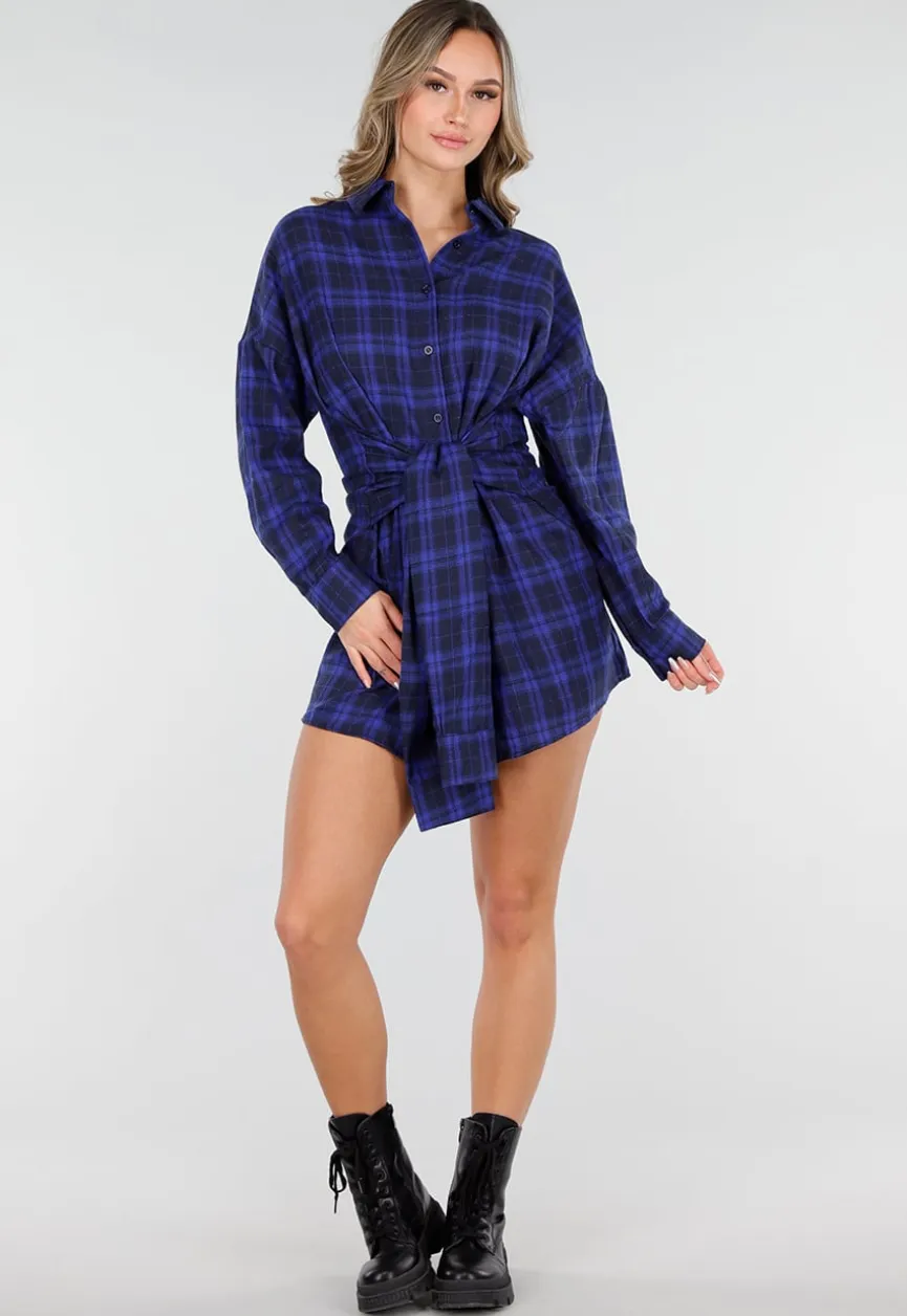 Donkerblauwe Geruite Blouse Jurk met Strikmouwen
