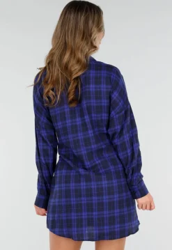Donkerblauwe Geruite Blouse Jurk met Strikmouwen