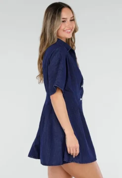 Donkerblauwe Getailleerde Denim Blouse Jurk met Korte Mouwen