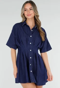 Donkerblauwe Getailleerde Denim Blouse Jurk met Korte Mouwen