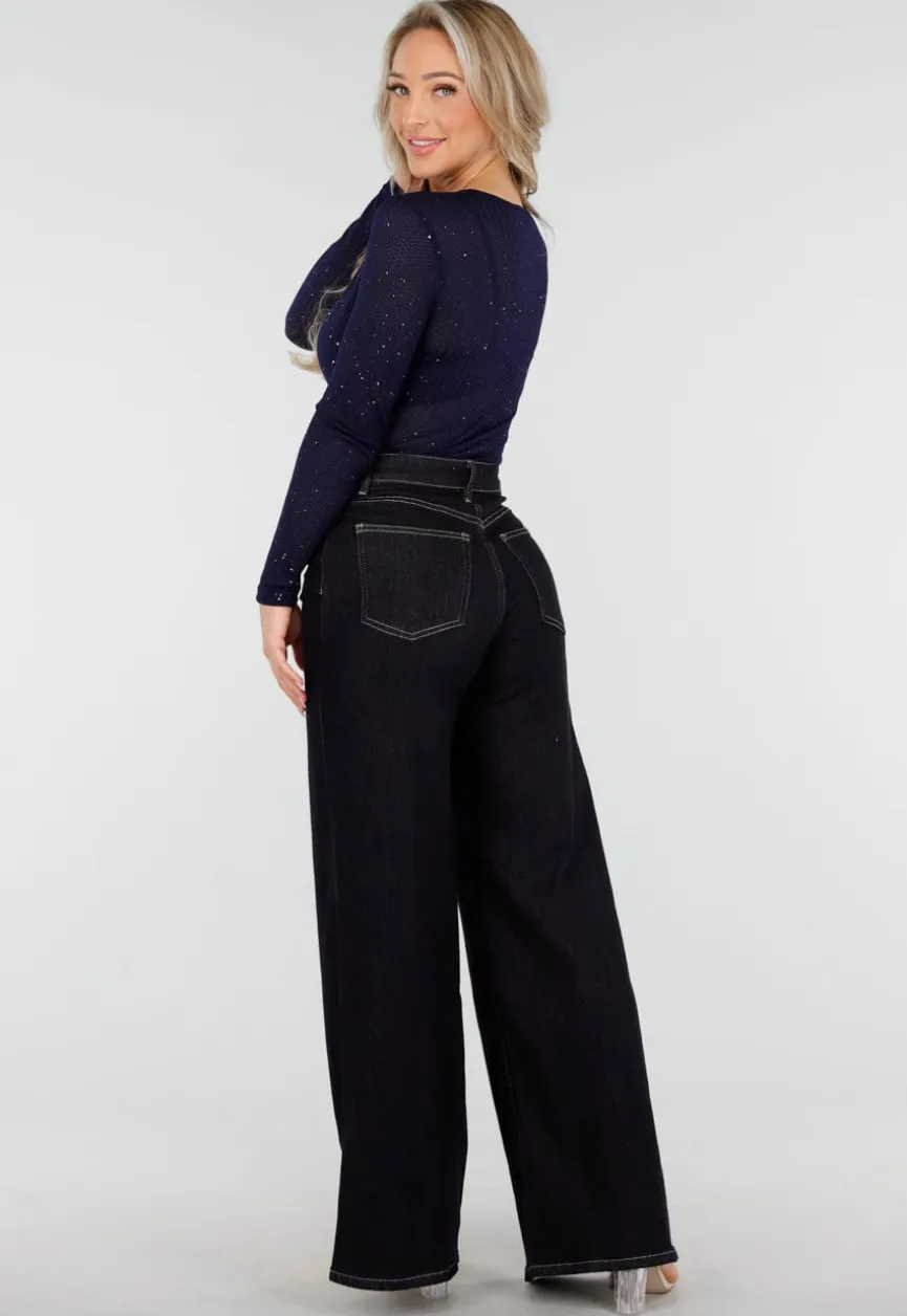 Donkerblauwe Glitter Bodysuit met Lange Mouwen en Diepe V-Hals