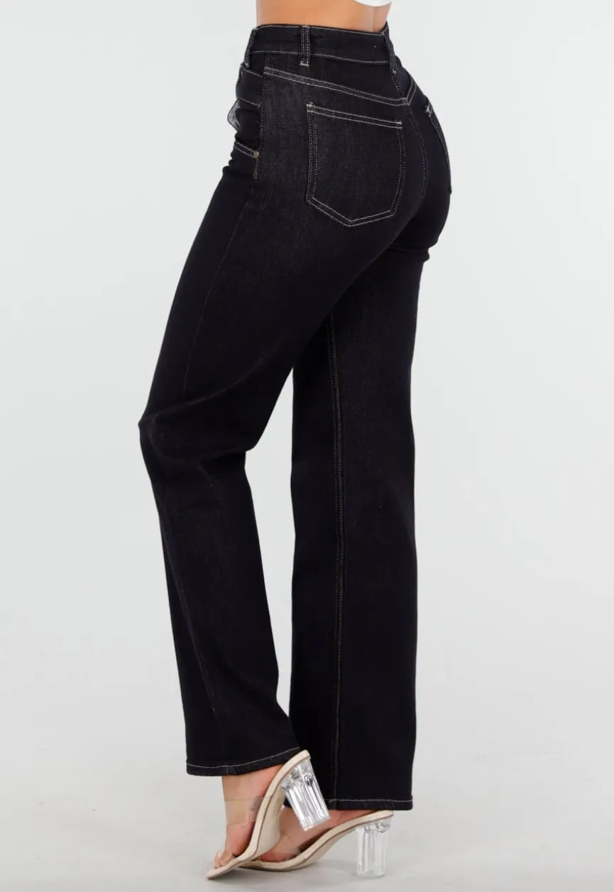 Donkerblauwe High Waist Overslag Wide Leg Jeans met Rechte Pijpen