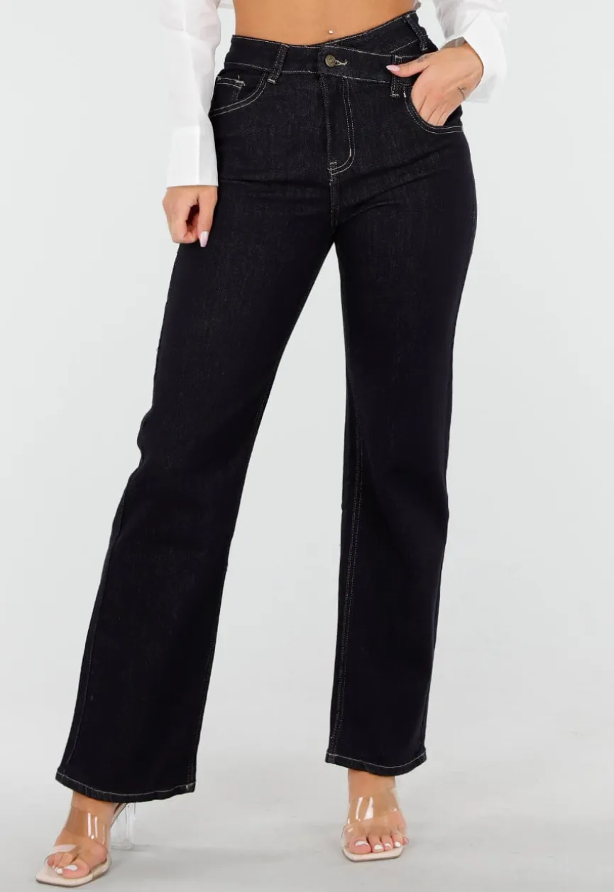 Donkerblauwe High Waist Overslag Wide Leg Jeans met Rechte Pijpen