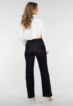 Donkerblauwe High Waist Overslag Wide Leg Jeans met Rechte Pijpen