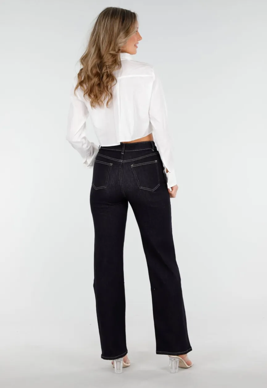 Donkerblauwe High Waist Overslag Wide Leg Jeans met Rechte Pijpen
