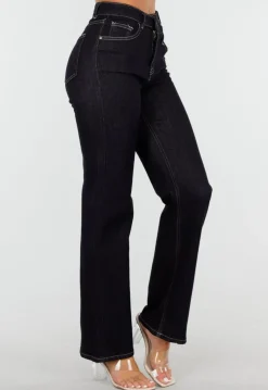 Donkerblauwe High Waist Overslag Wide Leg Jeans met Rechte Pijpen