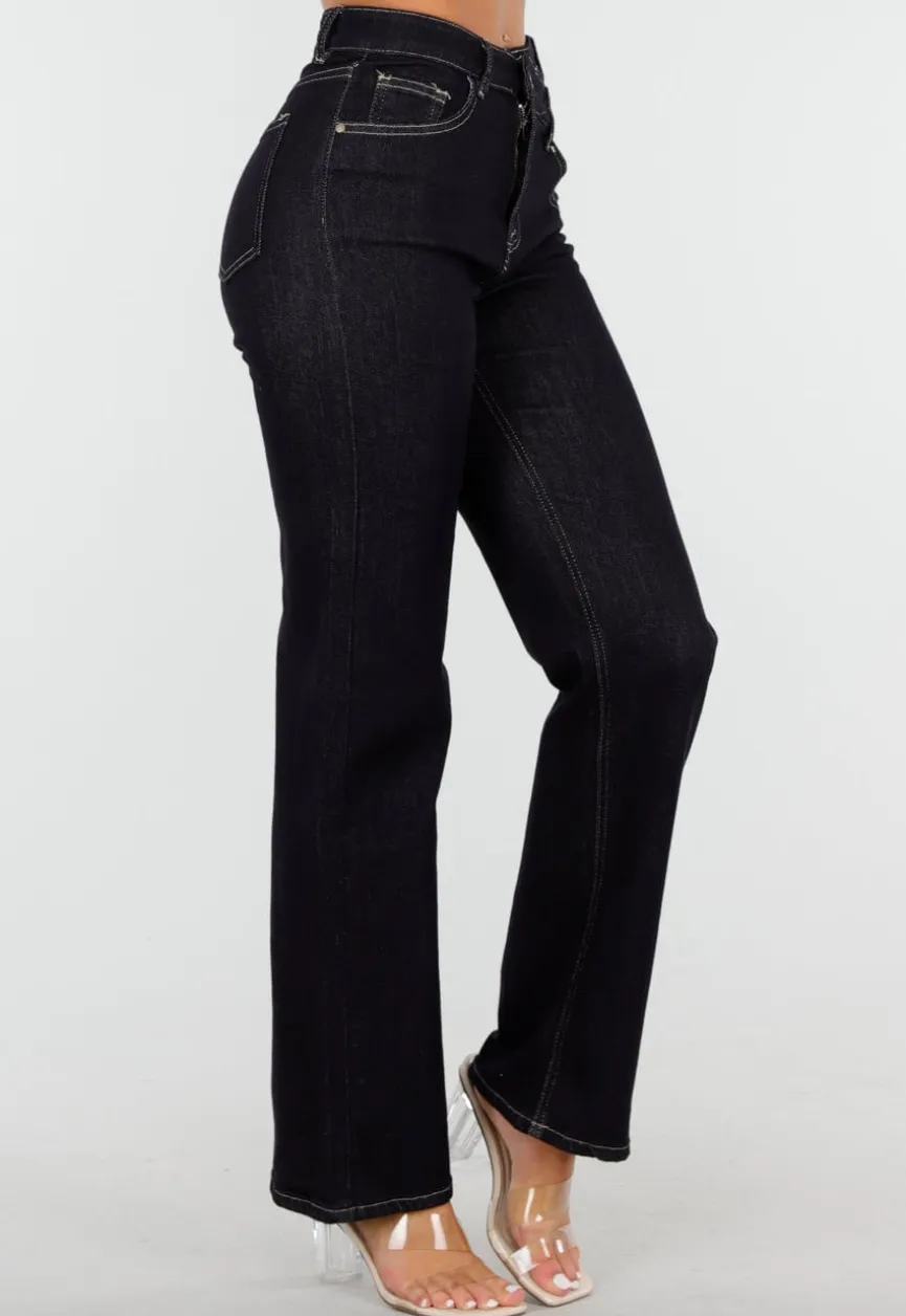 Donkerblauwe High Waist Overslag Wide Leg Jeans met Rechte Pijpen