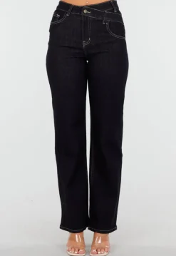 Donkerblauwe High Waist Overslag Wide Leg Jeans met Rechte Pijpen