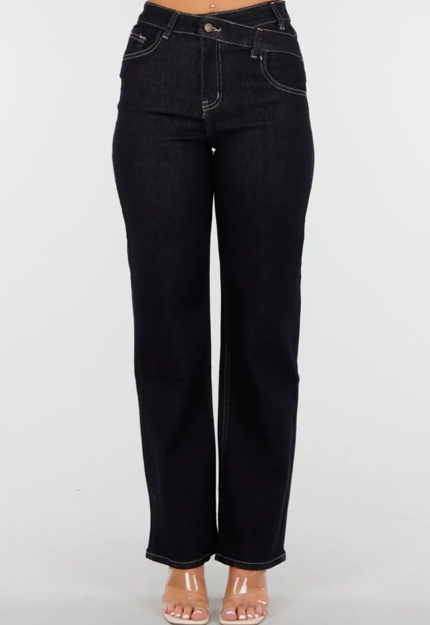 Donkerblauwe High Waist Overslag Wide Leg Jeans met Rechte Pijpen