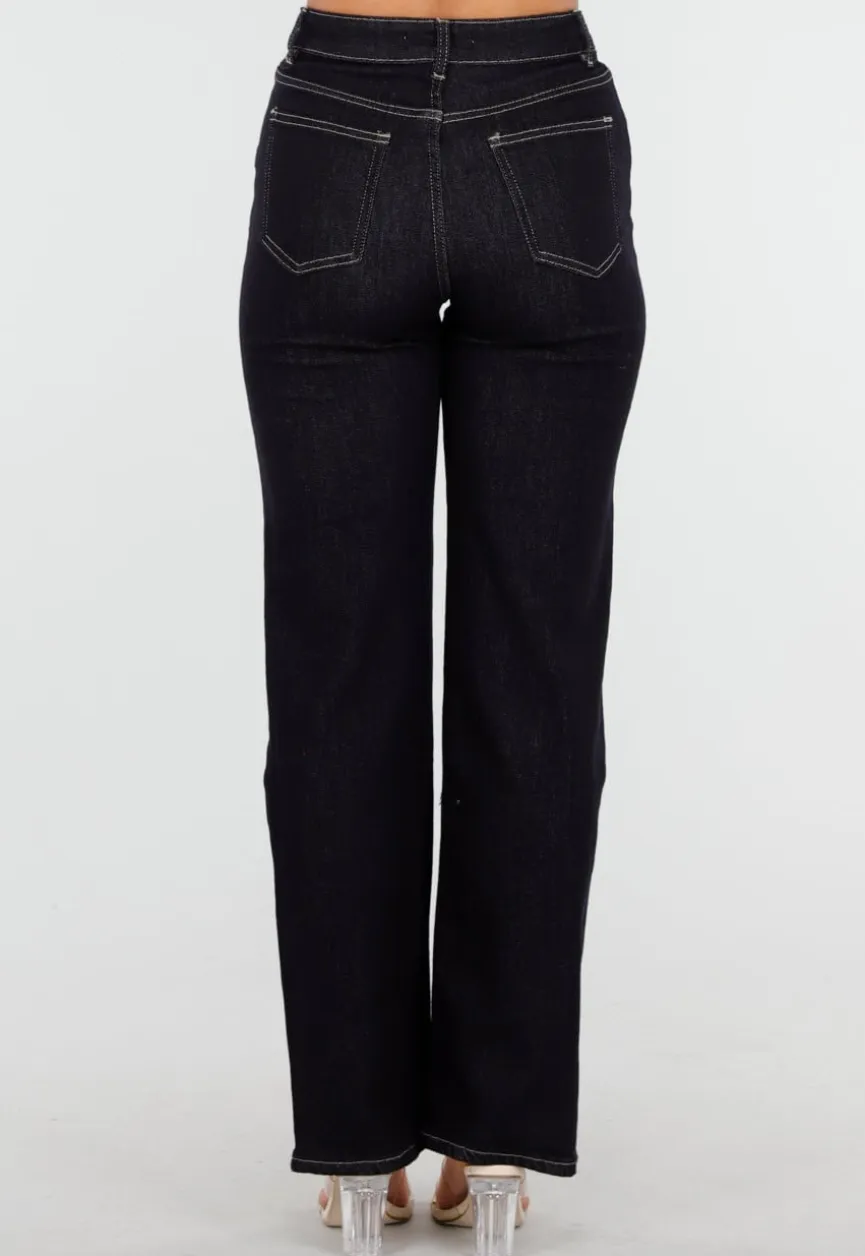 Donkerblauwe High Waist Overslag Wide Leg Jeans met Rechte Pijpen