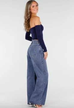 Donkerblauwe High Waist Wide Leg Jeans met Losse Pijpen