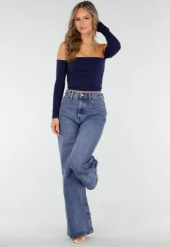 Donkerblauwe High Waist Wide Leg Jeans met Losse Pijpen