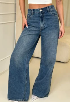 Donkerblauwe High Waist Wide Leg Jeans met Losse Pijpen