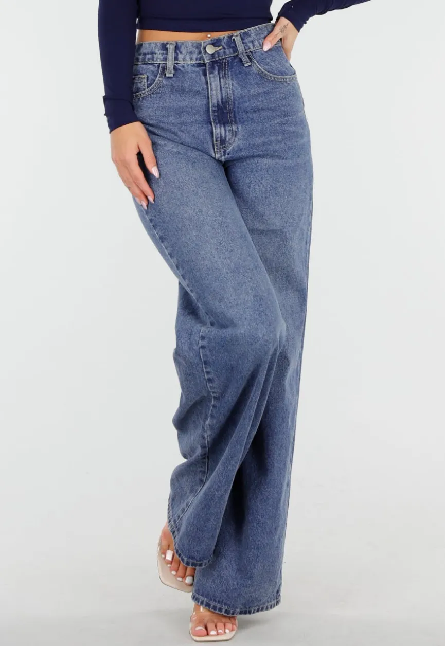 Donkerblauwe High Waist Wide Leg Jeans met Losse Pijpen